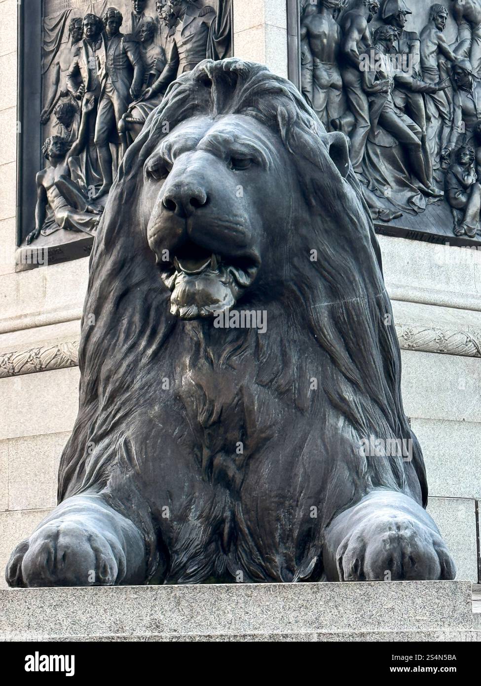 © Jeff Moore Frost auf einer Löwenstatue am Trafalgar Square in London bei Sonnenaufgang heute Morgen (Samstag), da die Temperaturen in Großbritannien weiter sinken. Stockfoto