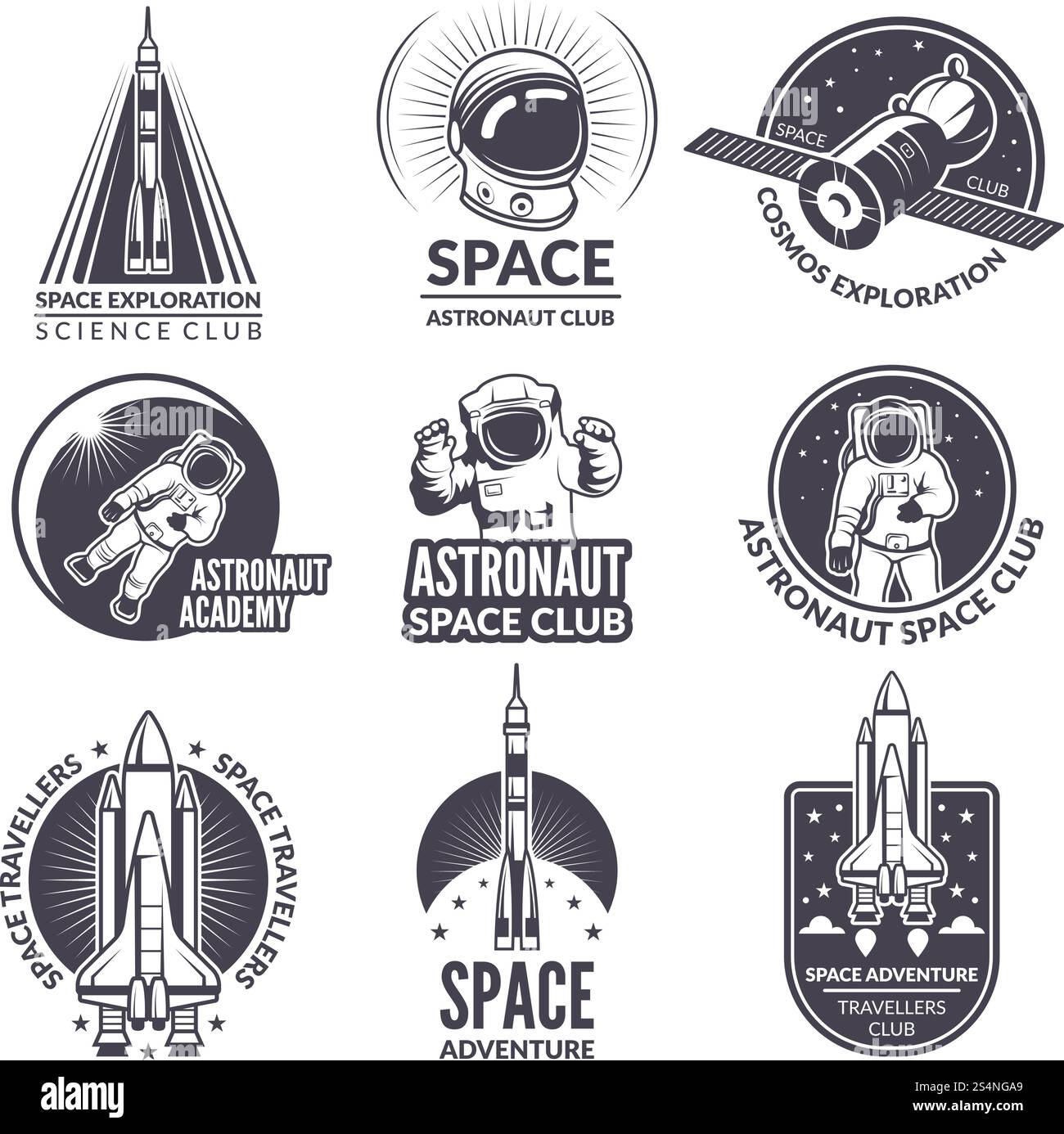 Einfarbige Abbildungen von Space Shuttle und Astronauten für Etiketten und Abzeichen. Raumschiff- und Wissenschaftsembleme, Shuttl mit Astronautenvektor starten. Einfarbige Abbildungen von Space Shuttle und Astronauten für Etiketten und Abzeichen Stock Vektor