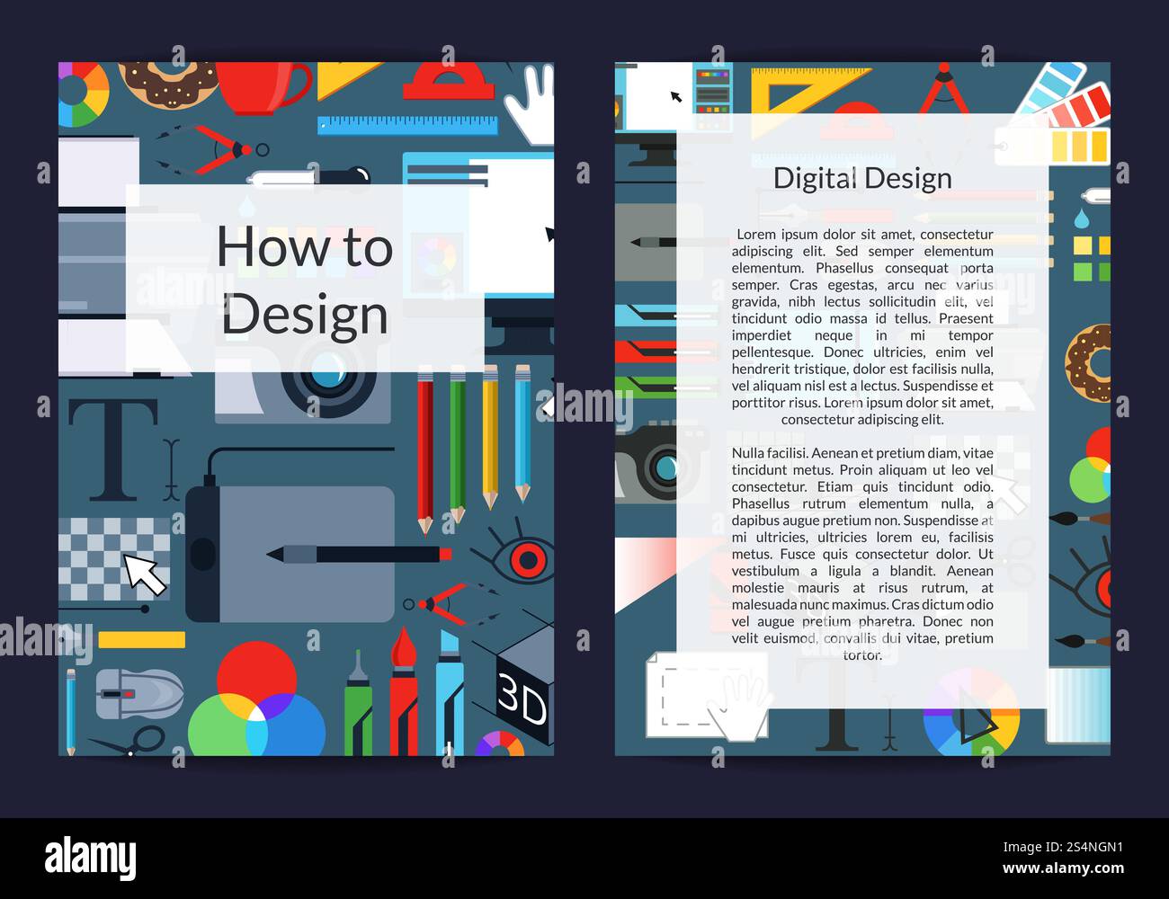 Vektor Digital Art Design Studio oder Kurse Karte oder Flyer Vorlage mit kreativen Instrumenten auf Hintergrund mit Platz für Textabbildung. Vector Digital Art Design Studio Stock Vektor