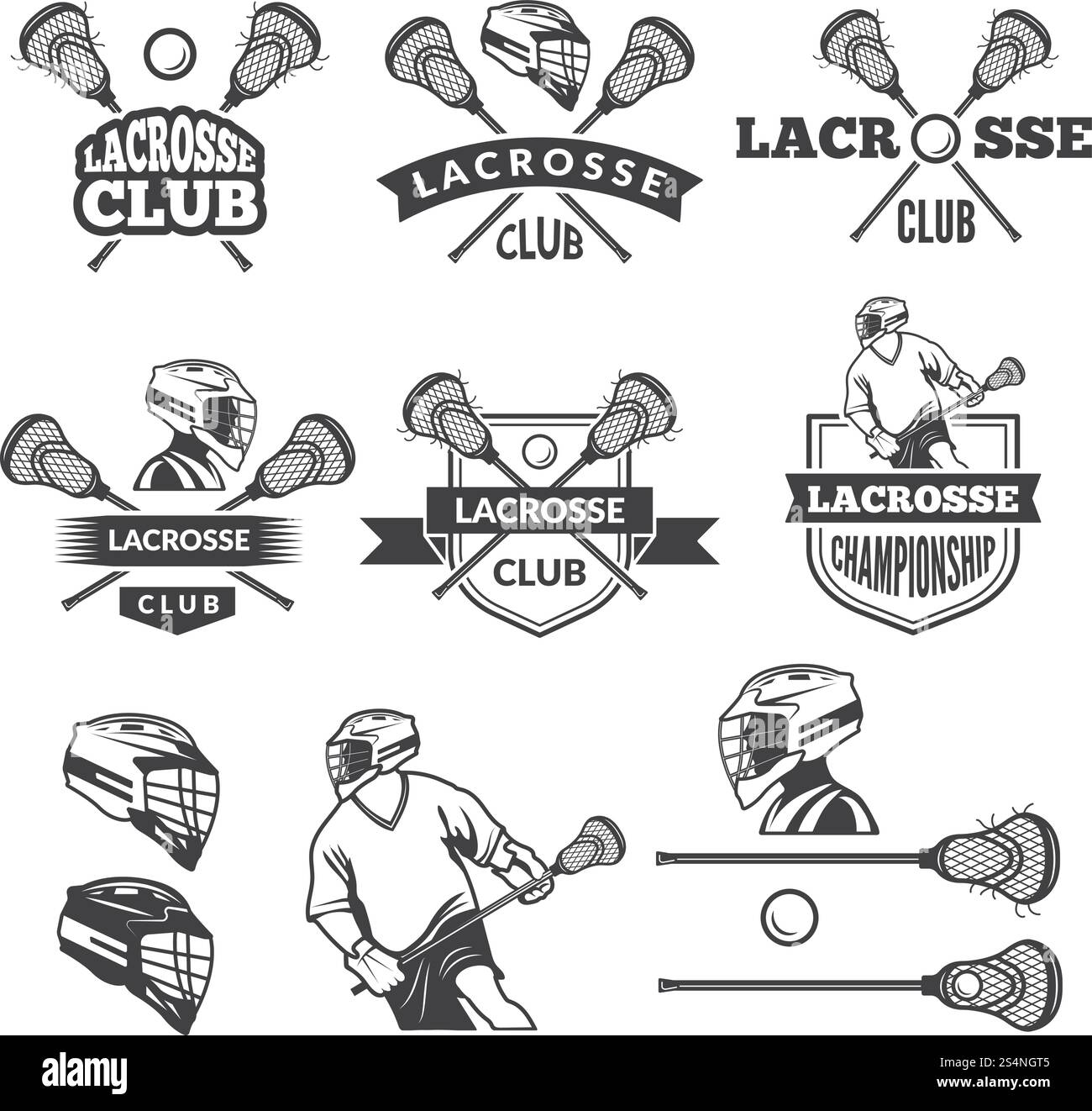 Labels des Lacrosse-Clubs. Vektor-Schwarzweiß-Bildsatz. Illustration des Lacrosse-Spiels, Sportetikett mit Ausrüstung. Labels des Lacrosse-Clubs. Vektor-Schwarzweiß-Bildsatz Stock Vektor
