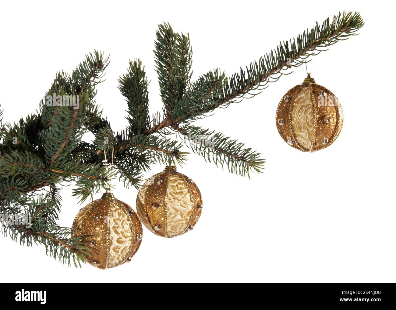 Weihnachtsbaumzweig mit Verzierungen, isoliert auf weiß Stockfoto