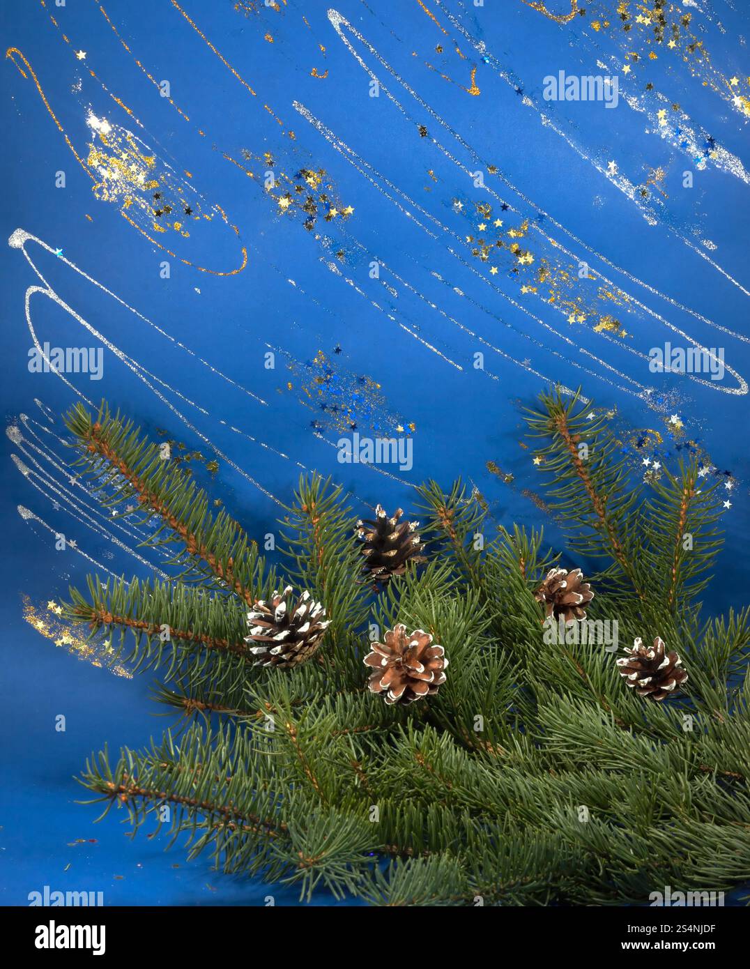 Festlicher Weihnachtshintergrund mit Tannenzweig und Tannenzapfen Stockfoto