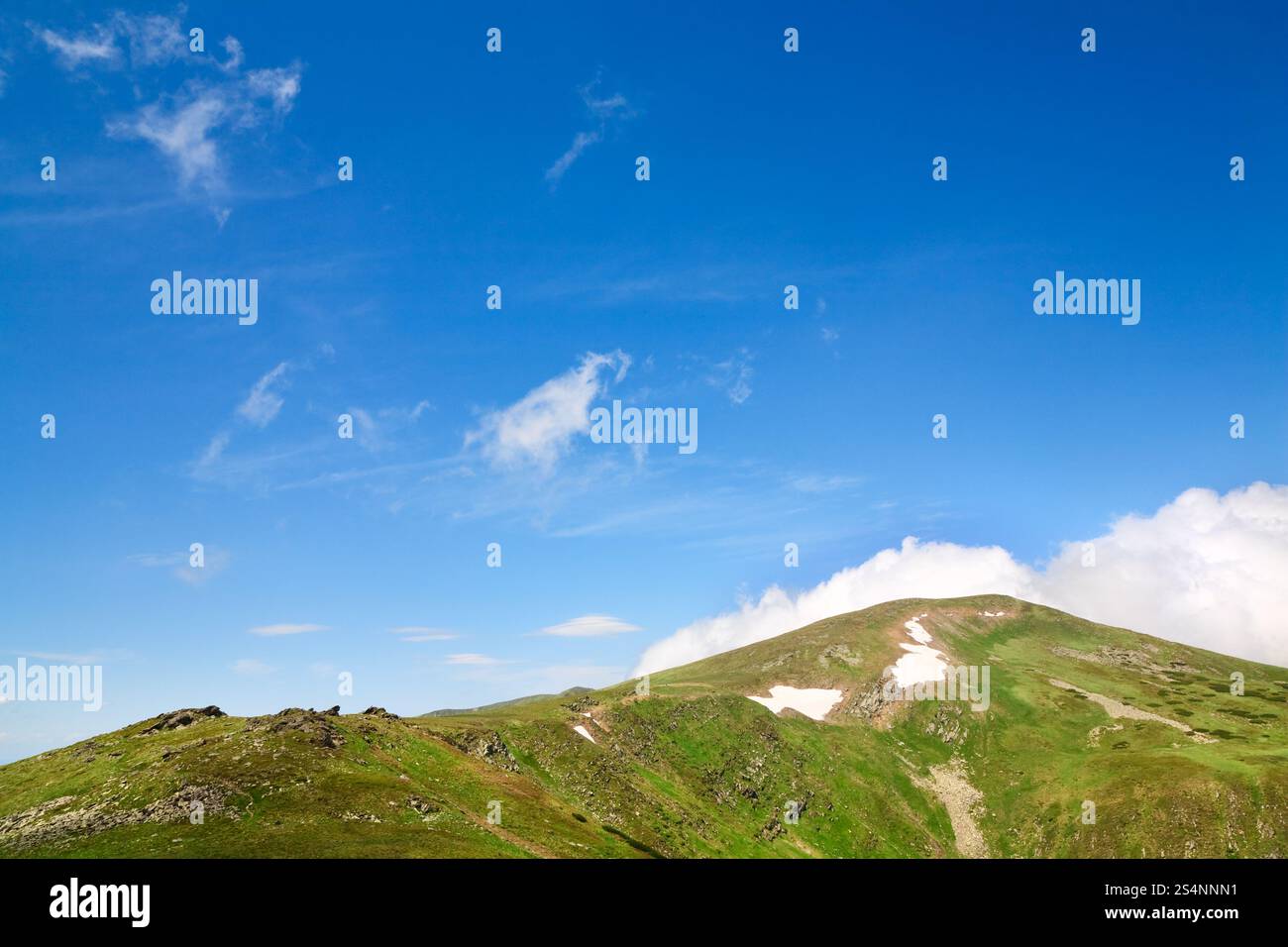 Sommer-Bergrücken und Schnee am Berg (Ukraine, Chornogora Ridge, Karpaten) Stockfoto
