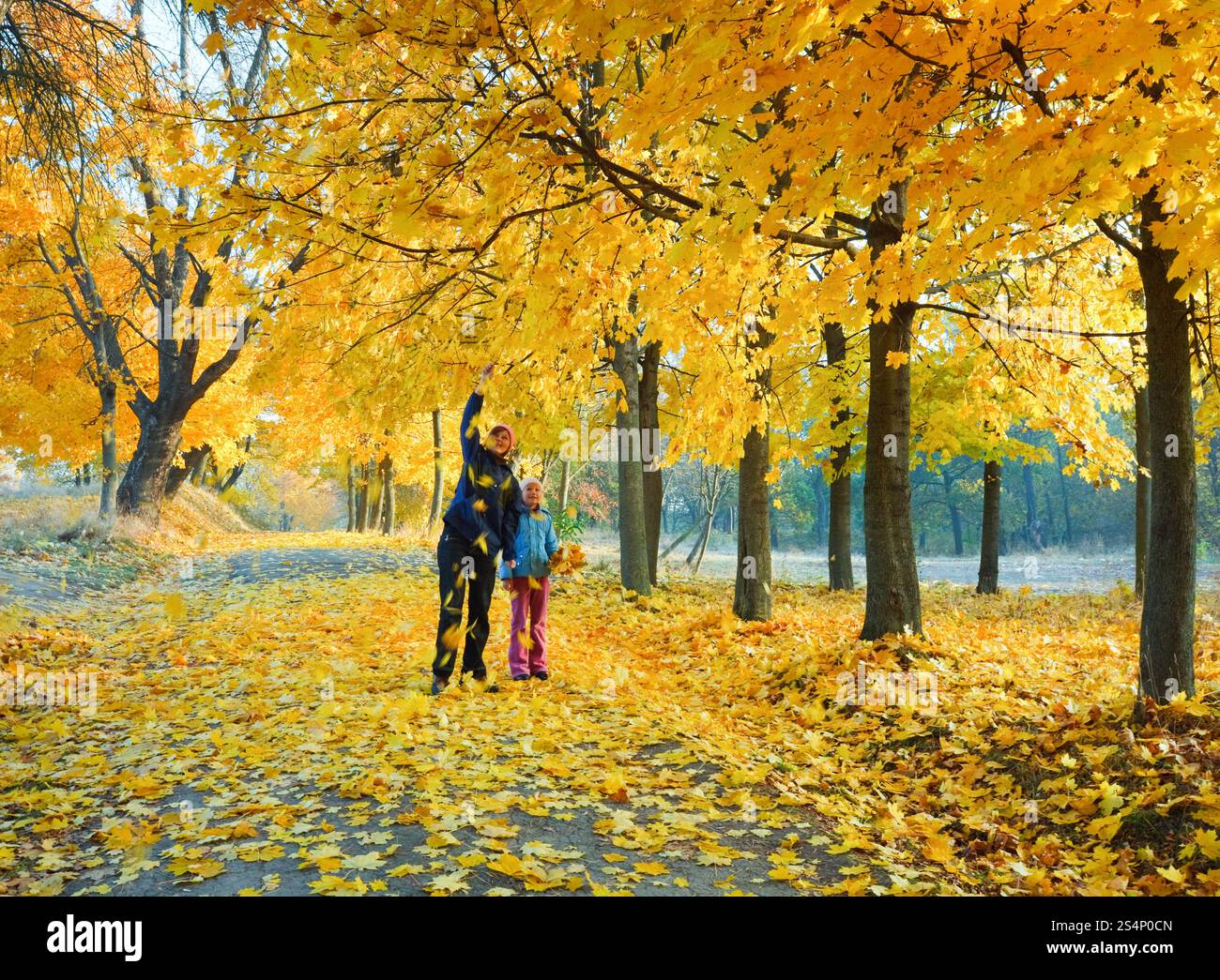 Glückliche Familie (Mutter mit Tochter) zu Fuß in goldener Ahorn Herbst park Stockfoto