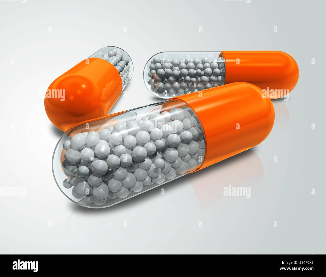 Drei transparente 3D-Kapselpillen. Kapselpillen Stockfoto