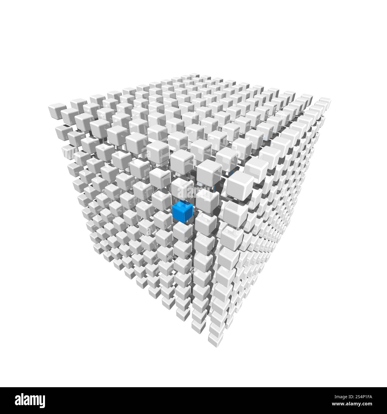 Isolierter dreidimensionaler weißer Würfel aus Würfeln mit einem blauen ausgewählten Punkt. Würfel aus kleinen Würfeln Stockfoto