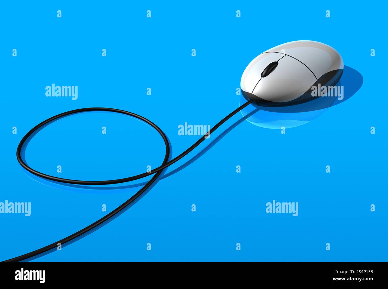 Weiße 3D-Computermaus isoliert auf blauem Hintergrund. Computermaus Stockfoto