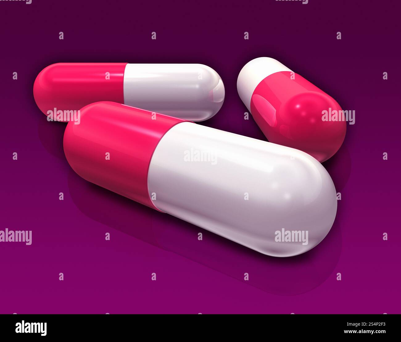 3D-Kapselpillen isoliert auf violettem Hintergrund. Kapselpille Stockfoto