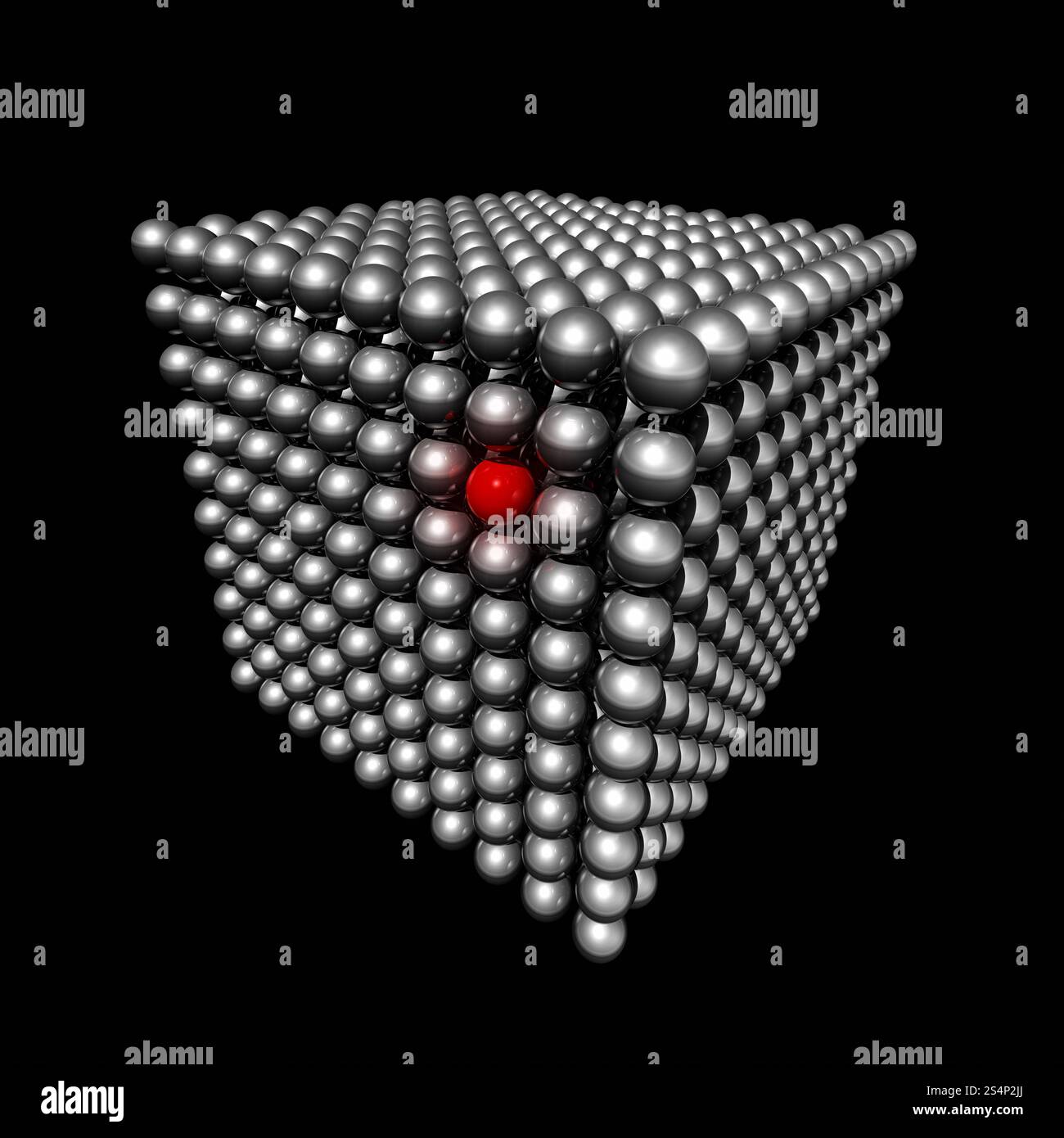 Isolierter dreidimensionaler Würfel aus Metallkugeln mit einem roten ausgewählten Punkt. Würfel aus kleinen Kugeln Stockfoto