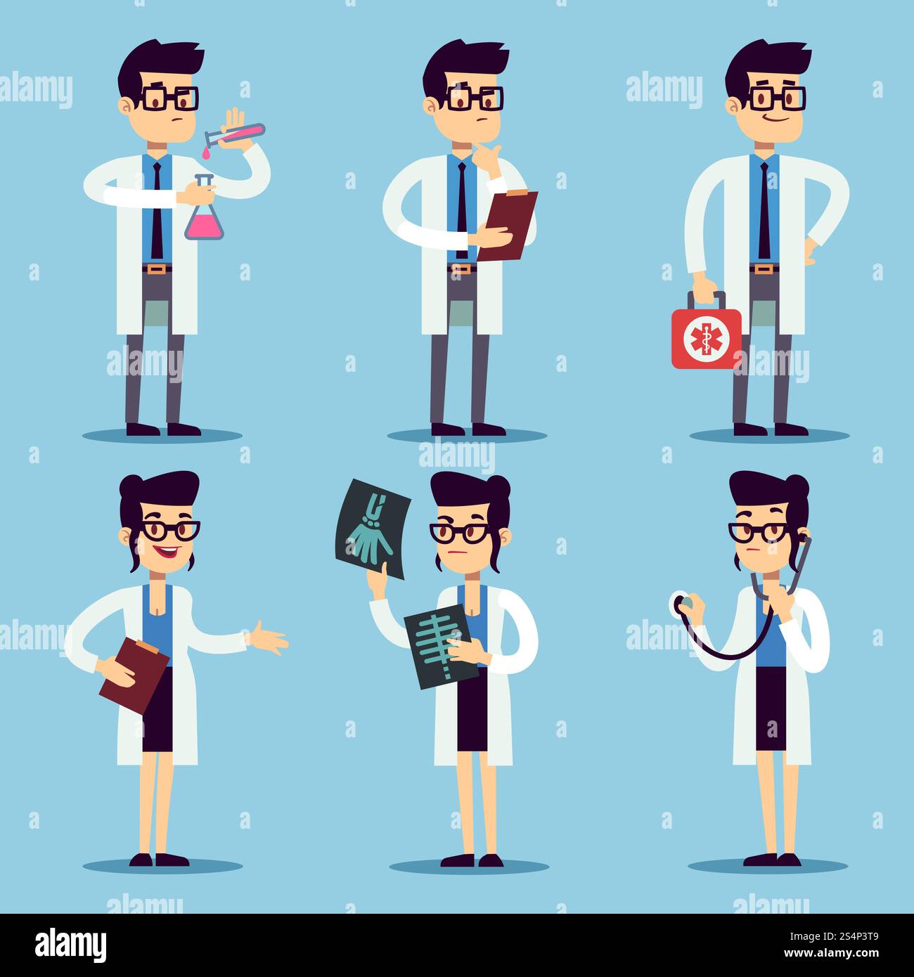 Männliche und weibliche junge Ärzte setzen sich ein. Vektordoktor Mann und Frau, medizinische professionelle Chirurgen Fachärztin Illustration. Männliche und weibliche junge Ärzte setzen sich ein Stock Vektor