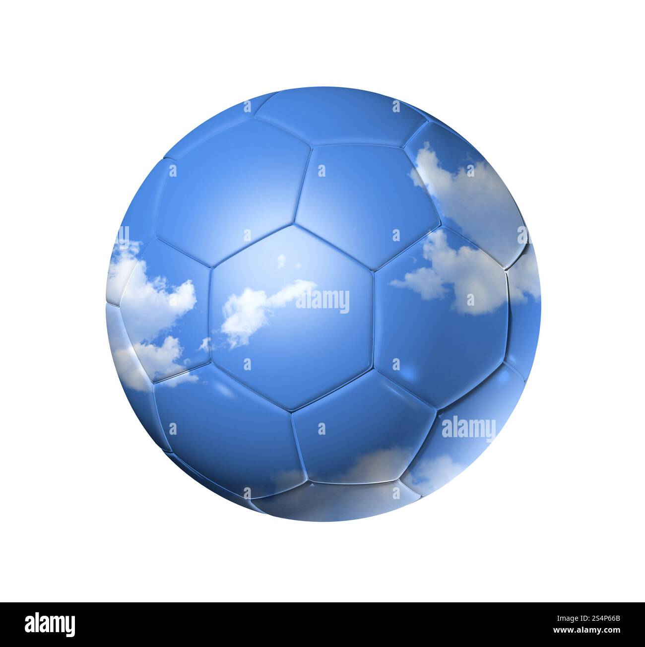3D Sky auf einem Fußballball – isoliert auf weiß mit Schneidepfad. Himmel auf einem Fußball-Ball Stockfoto