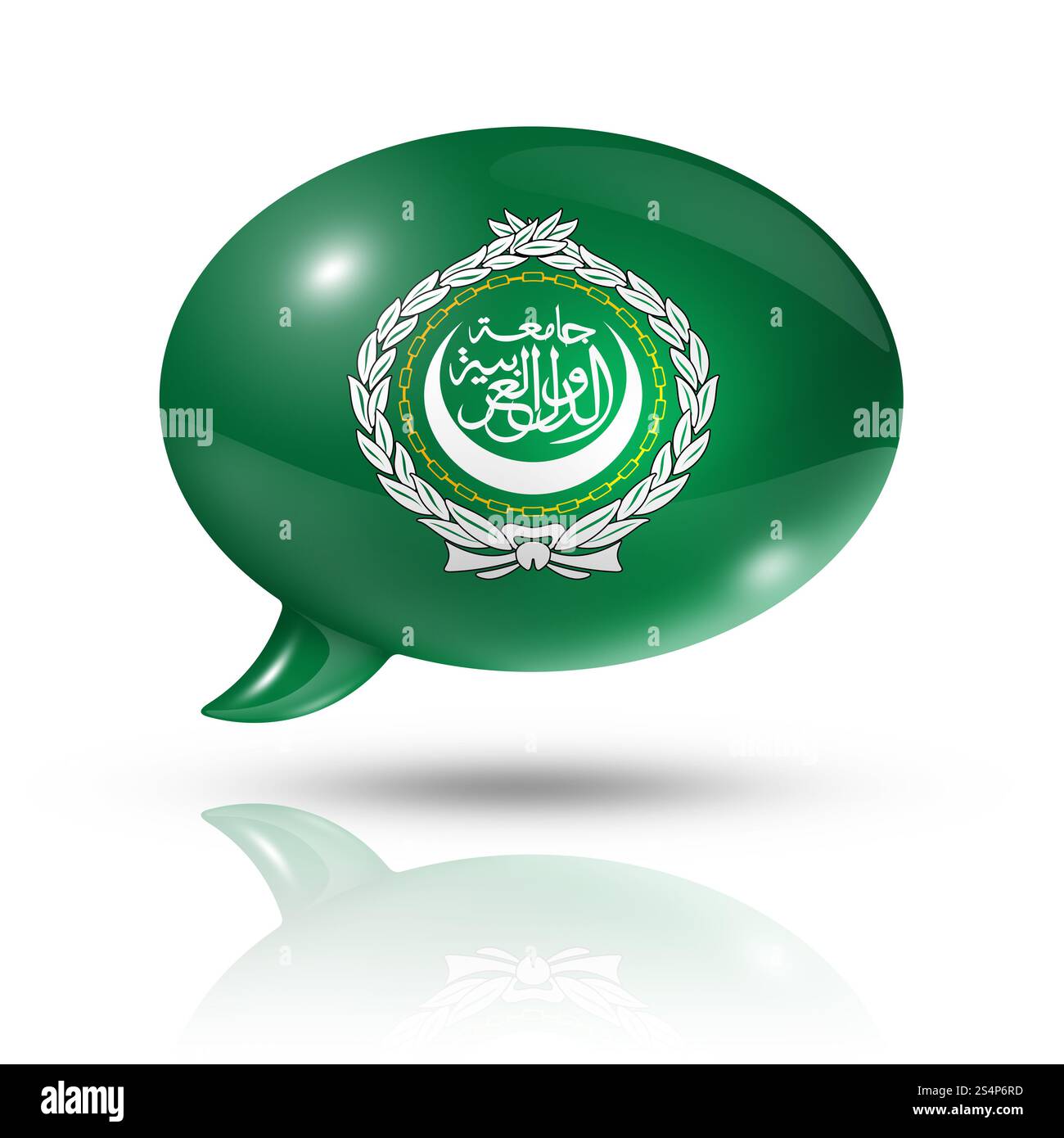 Dreidimensionale Flagge der Arabischen Liga in einer Sprechblase isoliert auf weiß mit Beschneidungspfad. Sprechblase der arabischen Liga Stockfoto