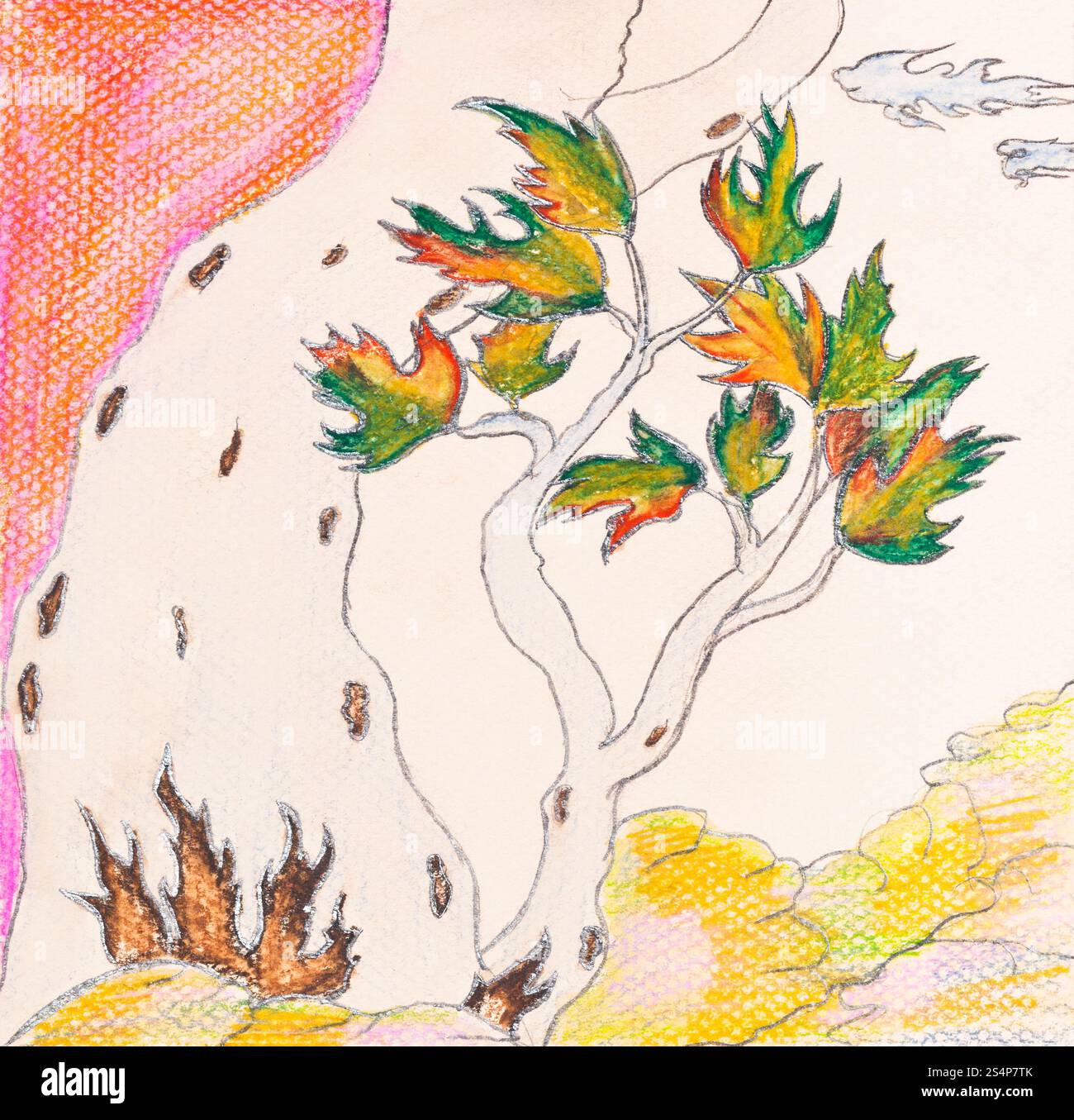 Stilisiertes Bild des Herbstbaums auf Felsen Stockfoto