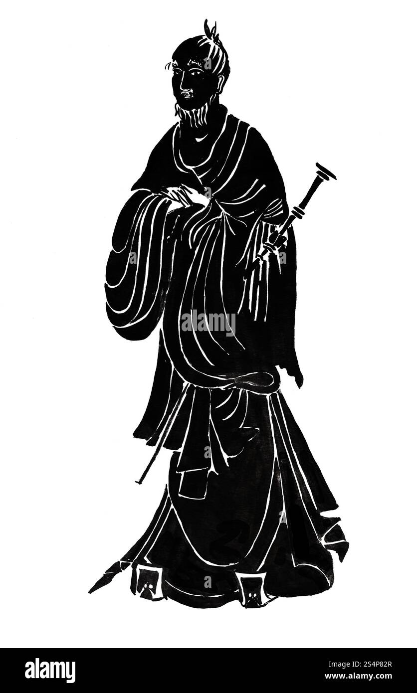 historische Kleidung - druckt die stilisierte Abbildung des chinesischen alten Mann in traditioneller Kleidung aus dem alten chinesischen Stockfoto