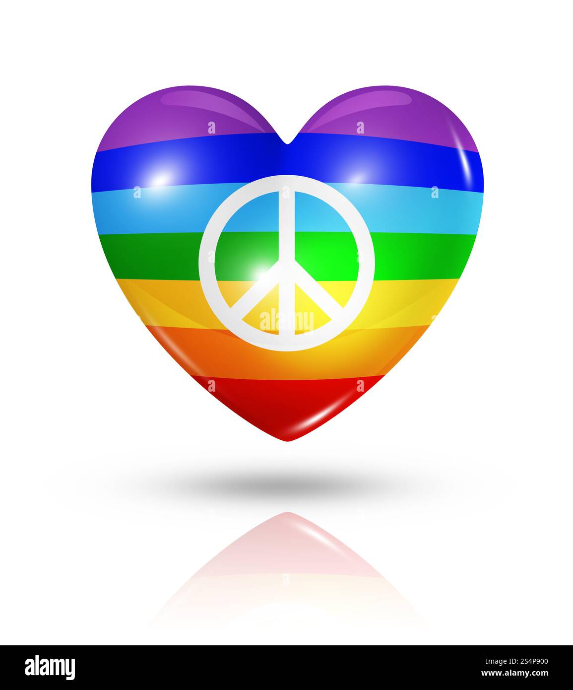 Liebesfriedenssymbol. 3D-Symbol mit Herzflagge in Regenbogen, isoliert auf weiß mit Beschneidungspfad. Liebe Frieden, Herzflagge-Symbol Stockfoto