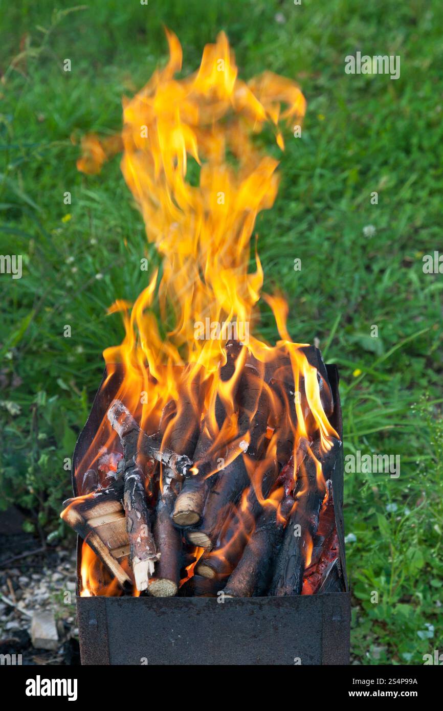 Flammenzungen über brennendem Holz in der Feuerkühlmaschine für den Außenbereich Stockfoto