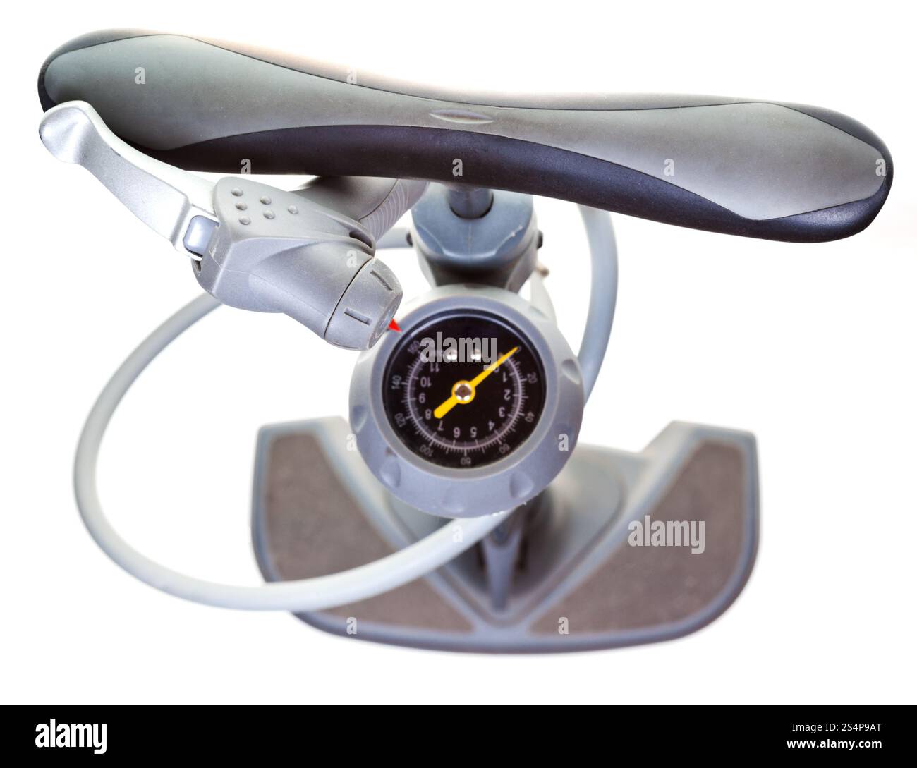 Draufsicht des Luft-Handpumpe mit Ventil und Manometer isoliert auf weißem Hintergrund Stockfoto Draufsicht des Luft-Handpumpe mit Ventil und Manometer isoliert auf weißem Hintergrund Stockfoto