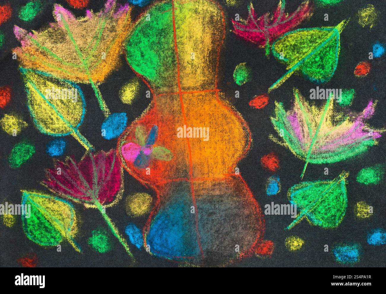 Kinder zeichnen - viele leuchtende Herbstblätter auf schwarzem Hintergrund Stockfoto