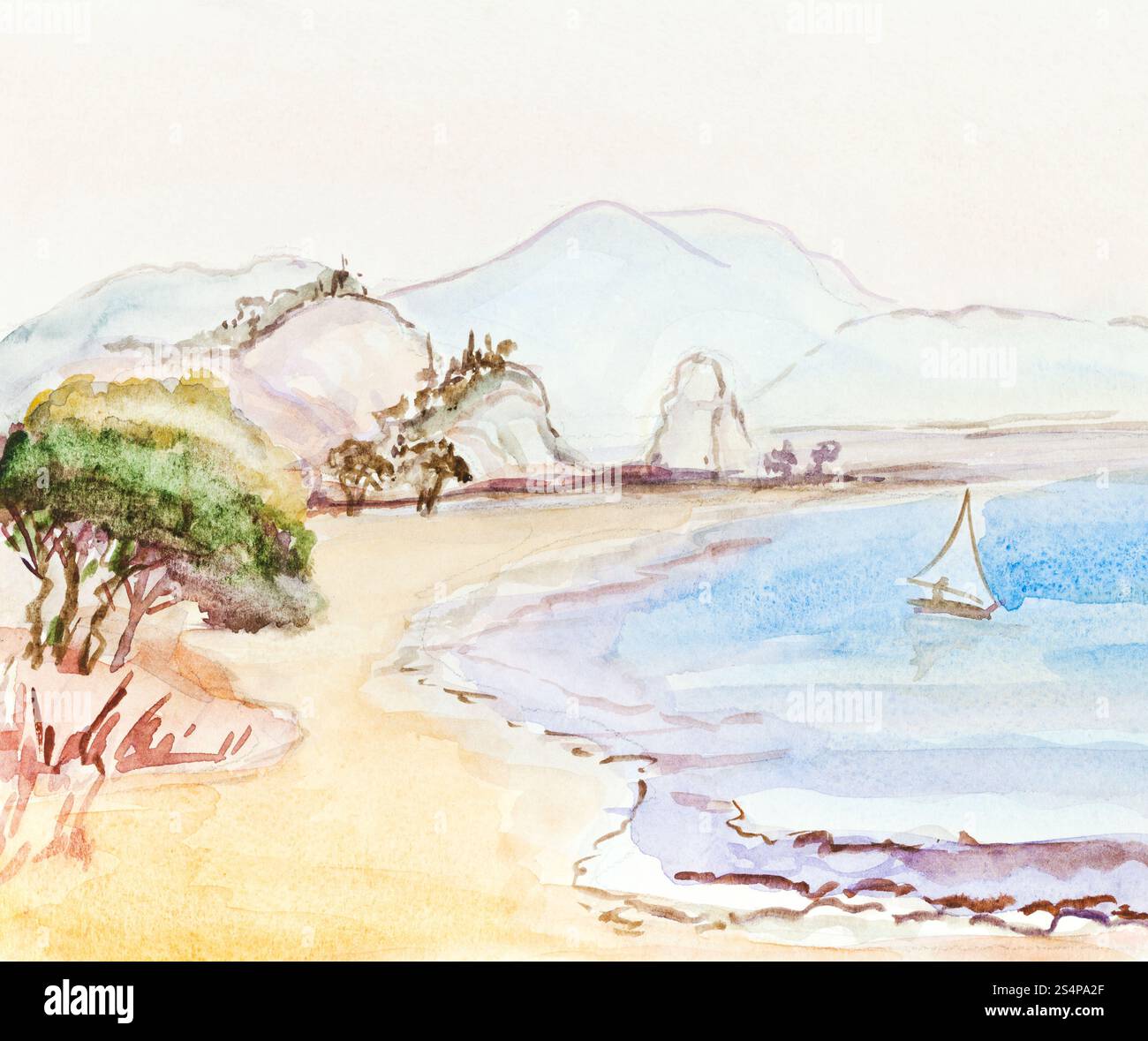 Aquarell italienische Idylle mit Segelboot, Sand Strand, Hügel Stockfoto