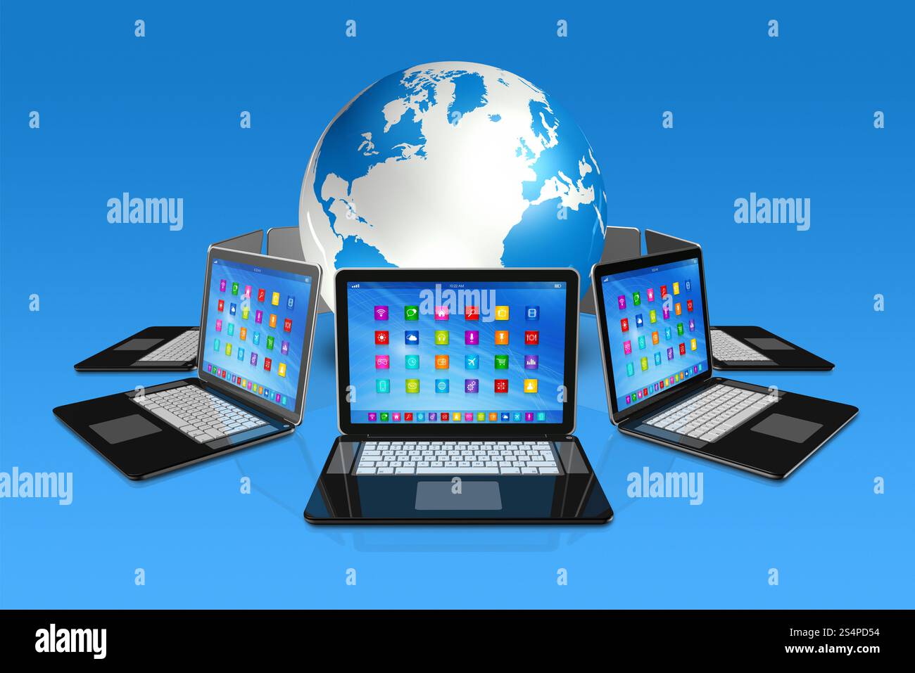 3D-Laptop-Computer rund um den Globus – Benutzeroberfläche für Apps-Symbole – isoliert auf Blau. Laptops rund um den Globus Stockfoto