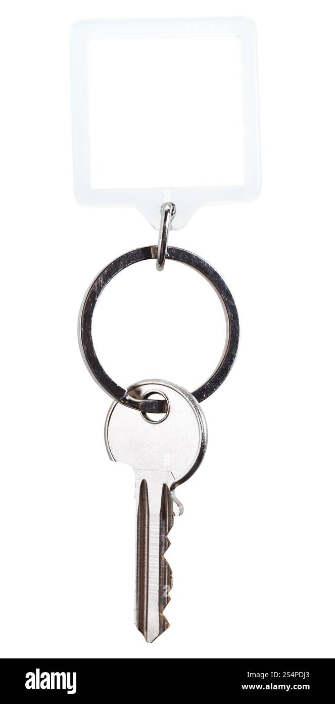 ein Stahl-Schlüssel und quadratischen Schlüsselbund auf Ring isoliert auf weißem Hintergrund Stockfoto