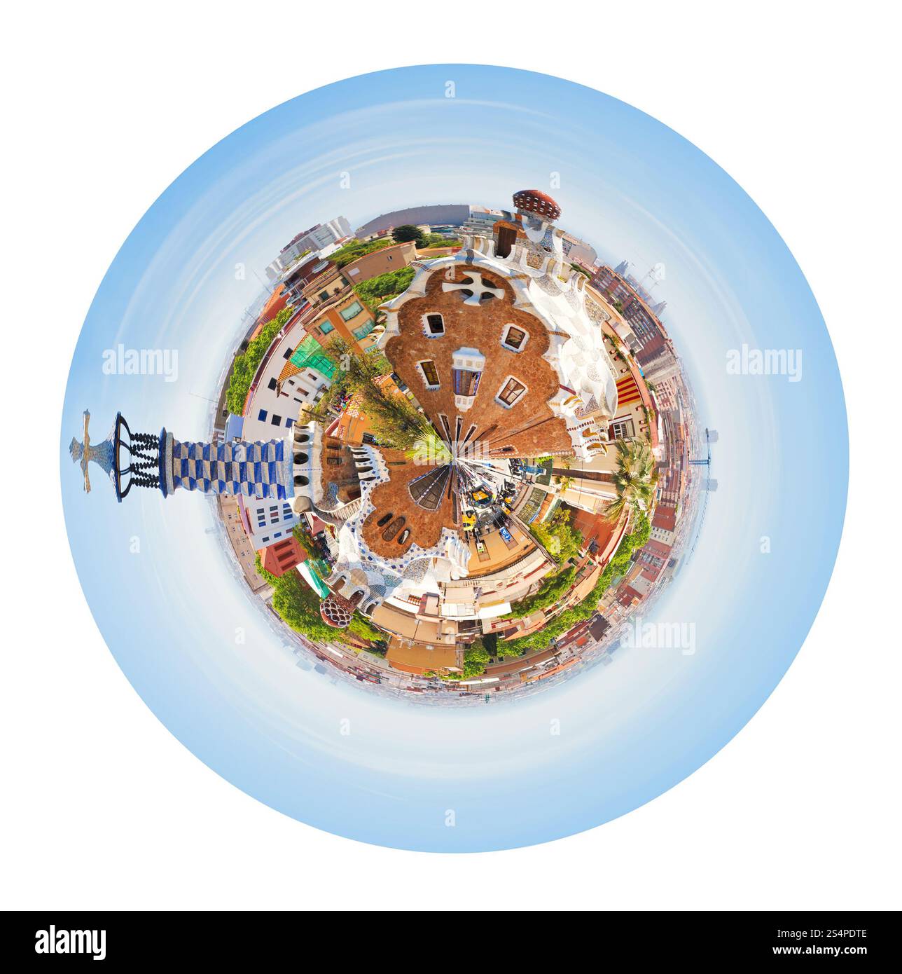 kleine Planeten - sphärische Barcelona-Blick vom Park Güell, Spanien isoliert auf weißem Hintergrund Stockfoto