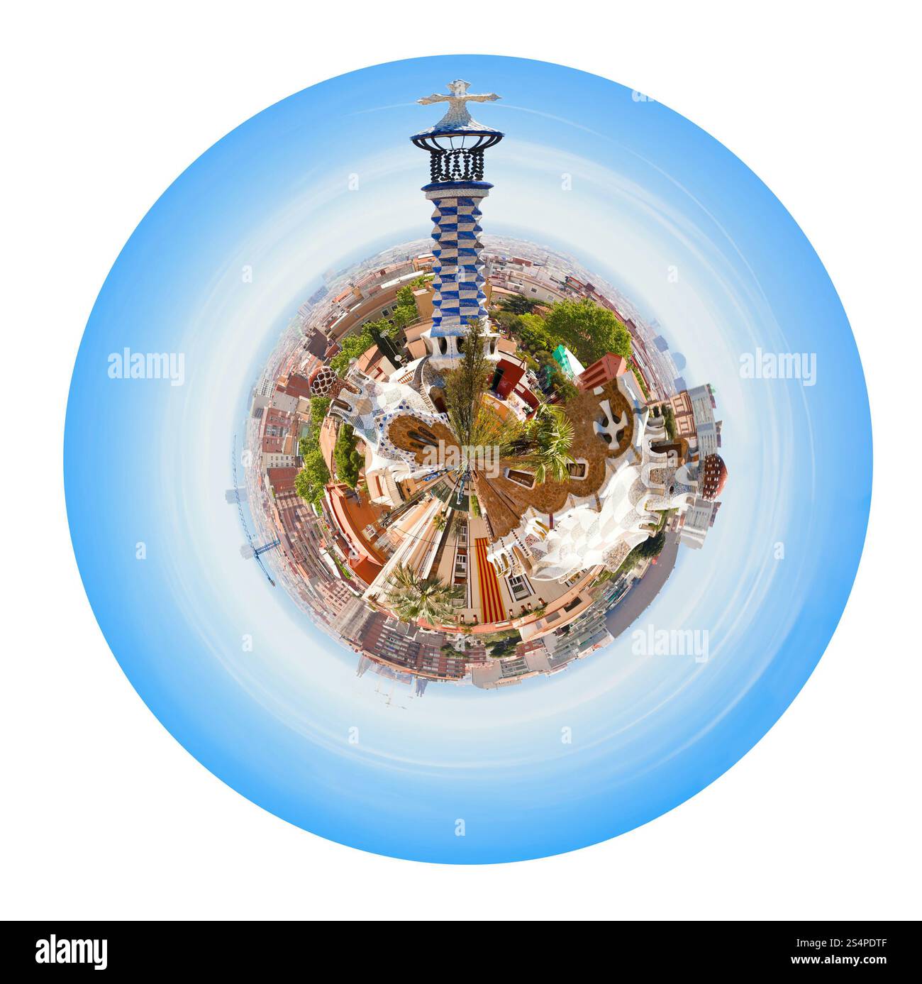kleine Planeten - sphärischen Panorama Barcelona Skyline vom Park Güell, Spanien isoliert auf weißem Hintergrund Stockfoto