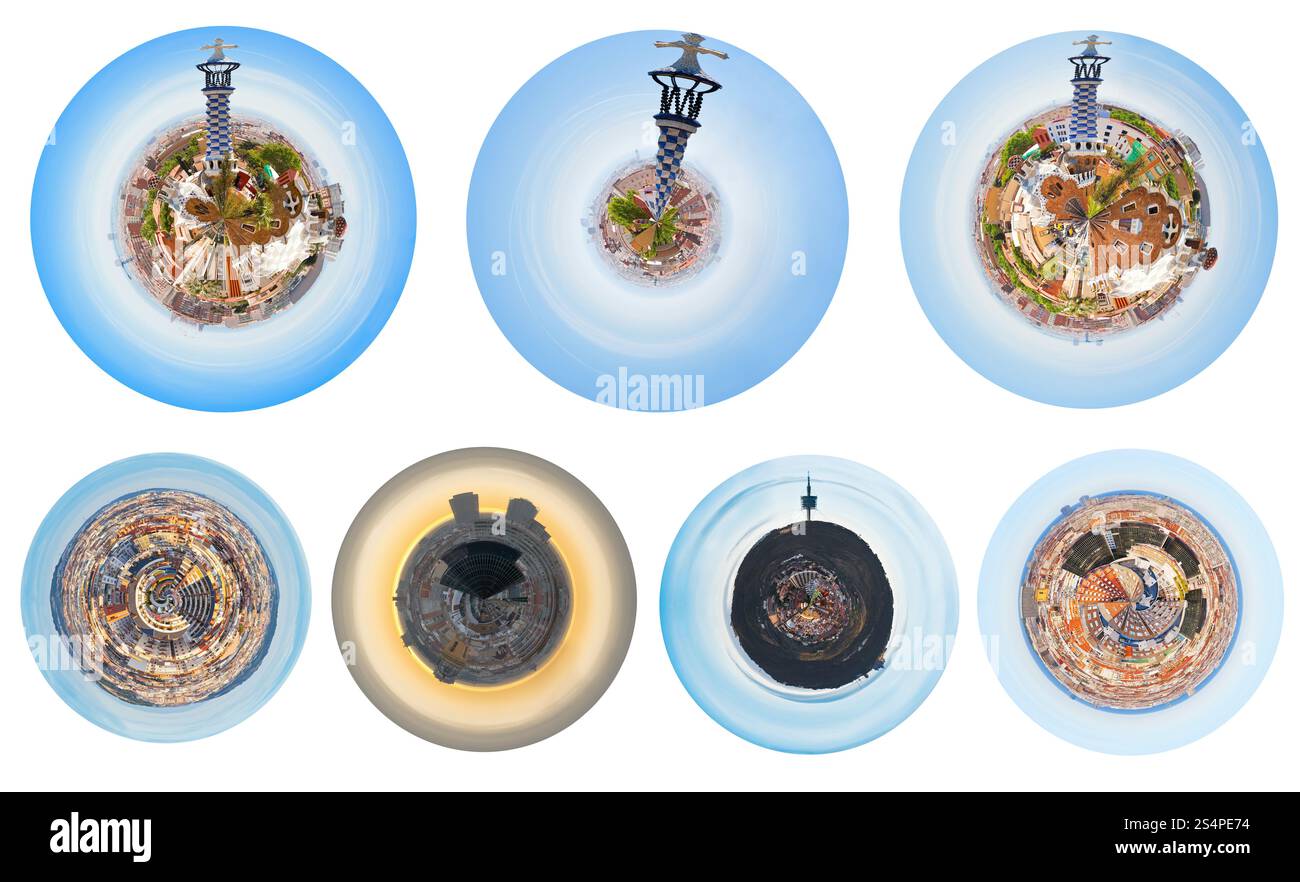 Satz von sphärischen Stadtpanoramen von Barcelona, Spanien isoliert auf weißem Hintergrund Stockfoto