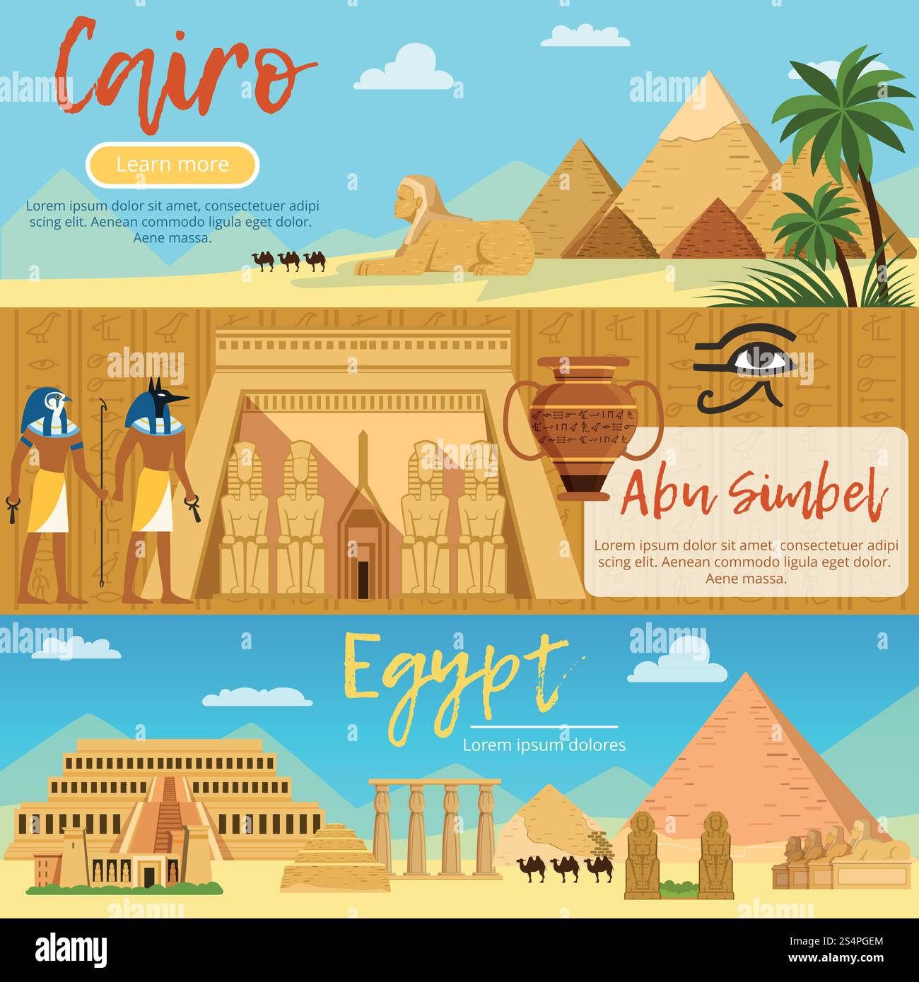 Horizontale Banner der ägyptischen Landschaft. Vektorbilder im Cartoon-Stil. Afrika Urlaub und Reisen, ägypten Tourismus Poster Illustration. Horizontale Banner der ägyptischen Landschaft. Vektorbilder im Cartoon-Stil Stock Vektor