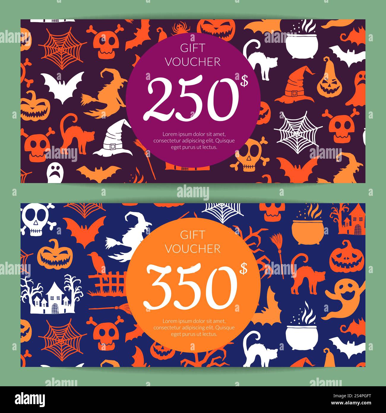 Vektor Illustration halloween Geschenkkarte oder Gutschein Vorlagen mit Hexen, Kürbisse, Geister, Spinnen Silhouetten mit Platz für Text. Vector halloween Geschenkkarten oder Gutscheinvorlagen Stock Vektor