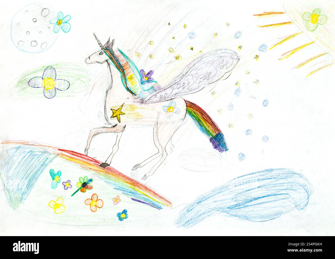 Kinder zeichnen - märchenhafte Einhorn auf Regenbogen fliegen Stockfoto