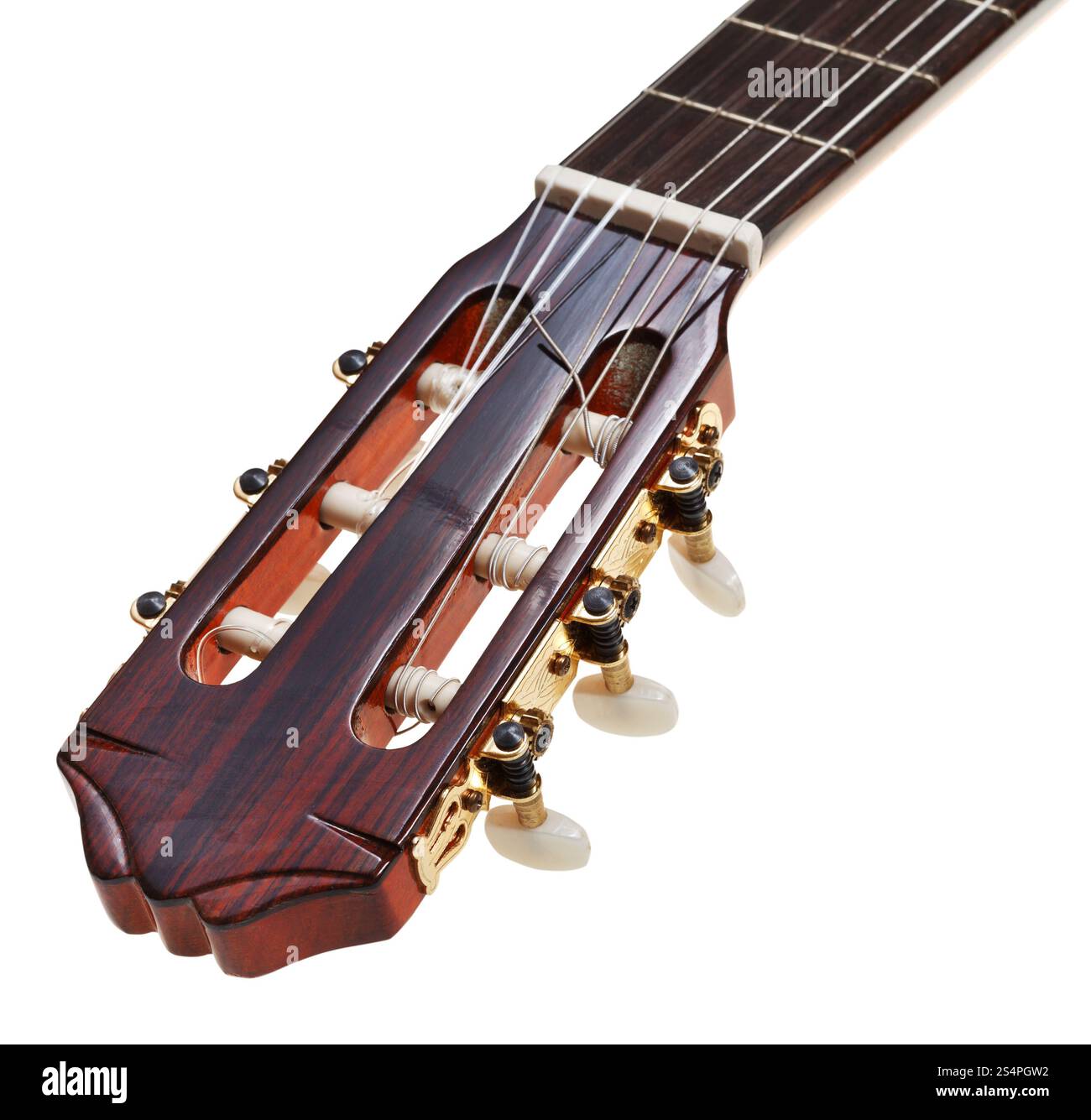 Kopfplatte der klassischen Gitarre Nahaufnahme isoliert auf weißem Hintergrund Stockfoto