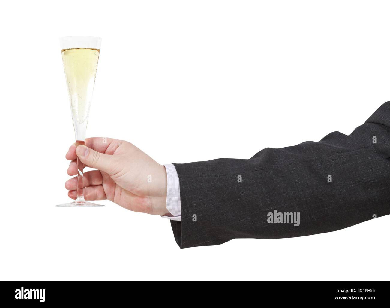 Seitenansicht des Sektglas in männlicher Hand isoliert auf weißem Hintergrund Stockfoto