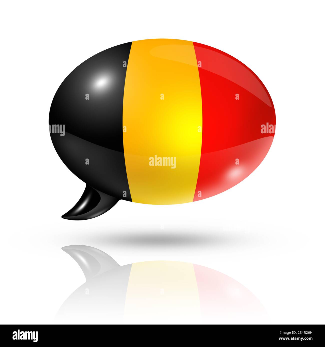 Dreidimensionale belgische Flagge in einer Sprechblase isoliert auf weiß mit Beschneidungspfad. Sprechblase mit belgischer Flagge Stockfoto