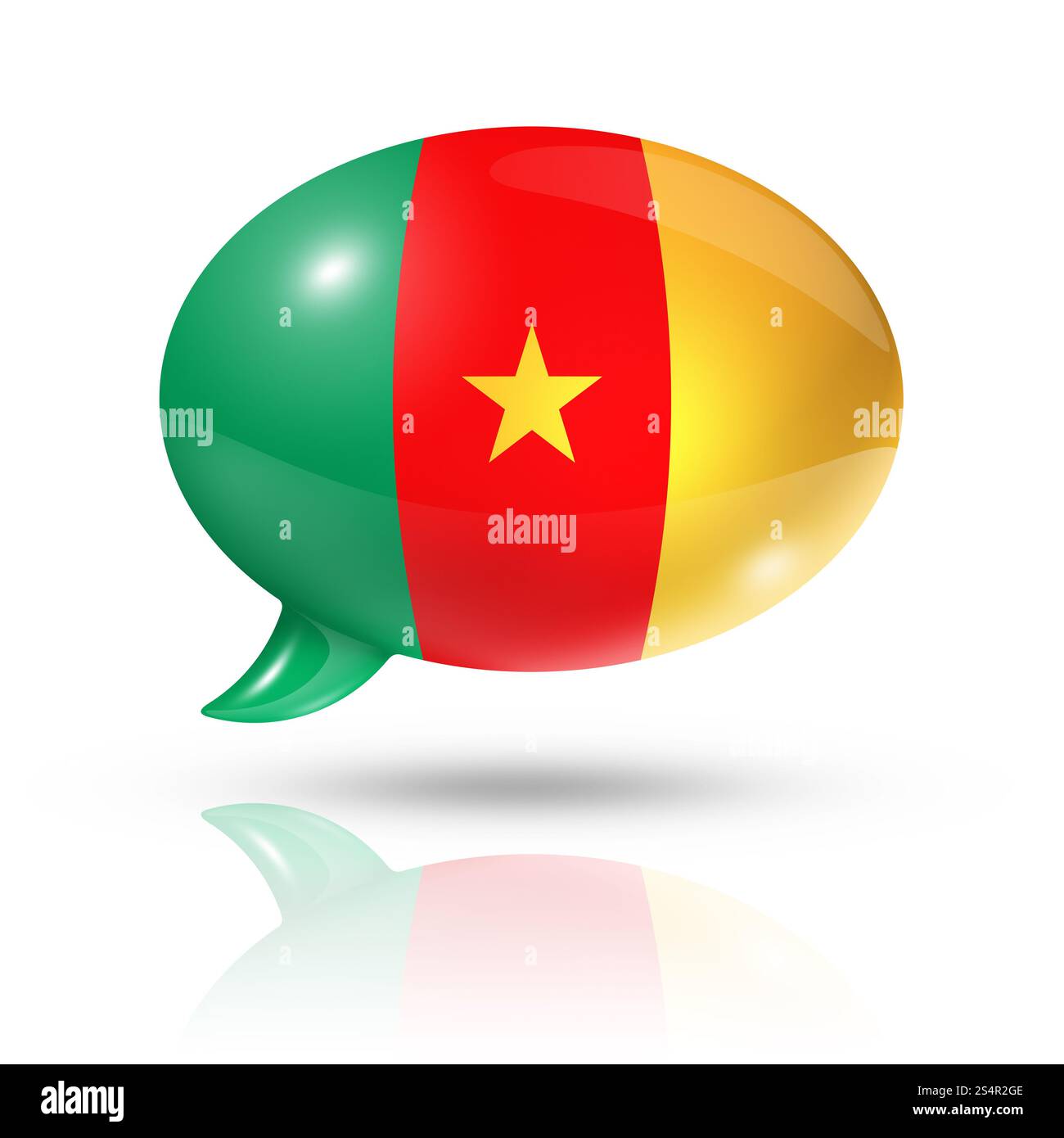 Dreidimensionale Kameruner Flagge in einer Sprechblase isoliert auf weiß mit Beschneidungspfad&#XA; Stockfoto