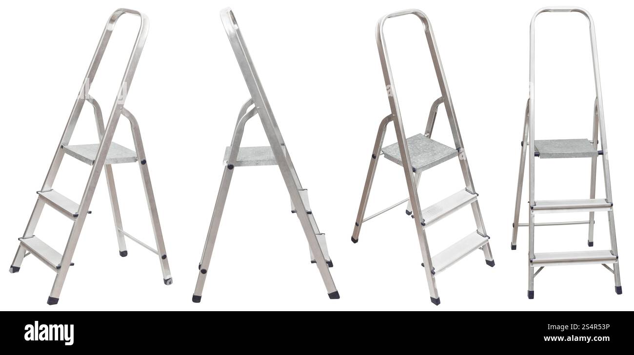 Satz von kurzen klappbare Trittleiter isoliert auf weißem Hintergrund Stockfoto