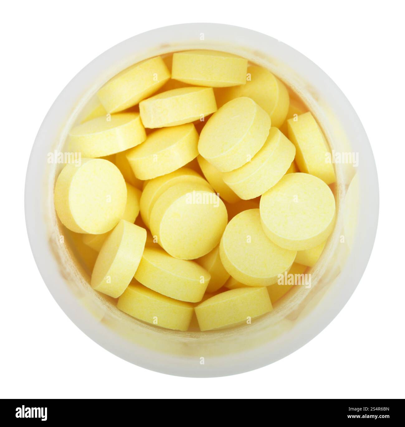 gelbe Pillen in Runde Plastikflasche Nahaufnahme isoliert auf weißem Hintergrund Stockfoto