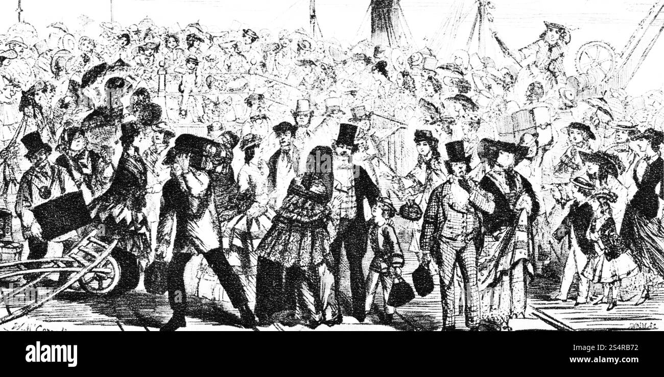 An der Küste Nr. V - Margate: Die Ankunft des Bootes des Mannes, 1865. Von Joseph Swain (1820–1909), nach William McConnell (1833–1867). 1816 berichtete The Times, dass die Ankunft von Dampfschiffen der gesamten Küste Kents und insbesondere der Insel Thanet einen „enormen Schub“ verliehen hatte. Stockfoto