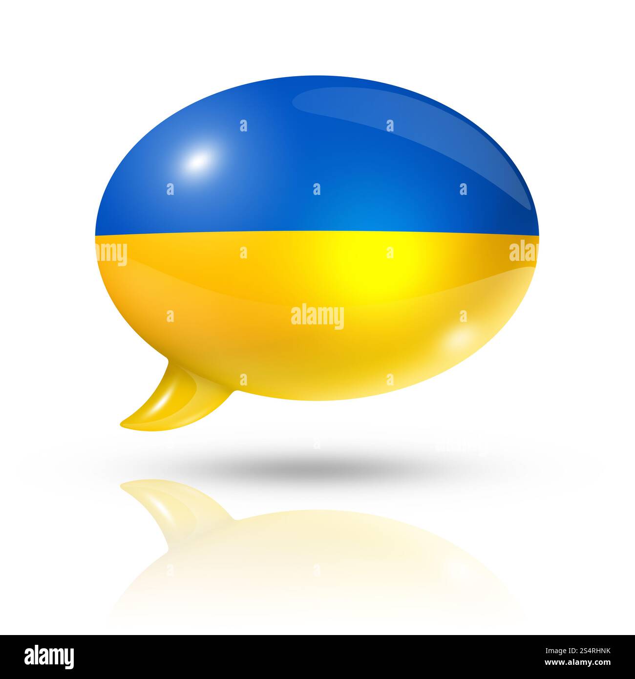 Dreidimensionale ukrainische Flagge in einer Sprechblase isoliert auf weiß mit Beschneidungspfad. Ukrainische Flaggensprechblase Stockfoto