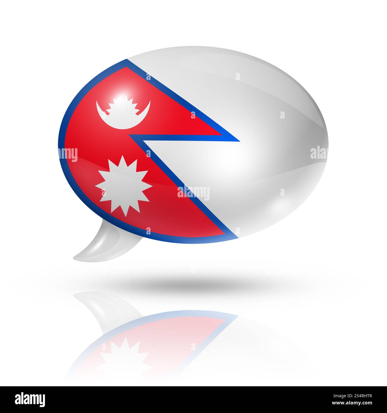 Dreidimensionale Nepalflagge in einer Sprechblase isoliert auf weiß mit Beschneidungspfad. Sprechblase der nepalesischen Flagge Stockfoto