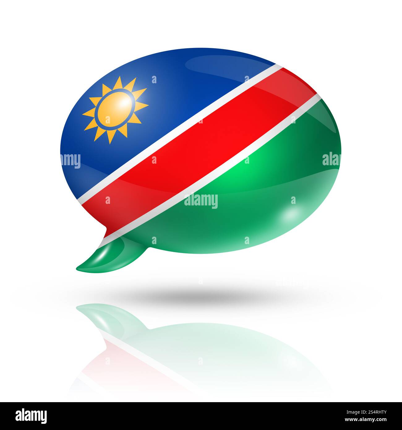Dreidimensionale Namibia-Flagge in einer Sprechblase isoliert auf weiß mit Beschneidungspfad. Sprechblase der namibischen Flagge Stockfoto