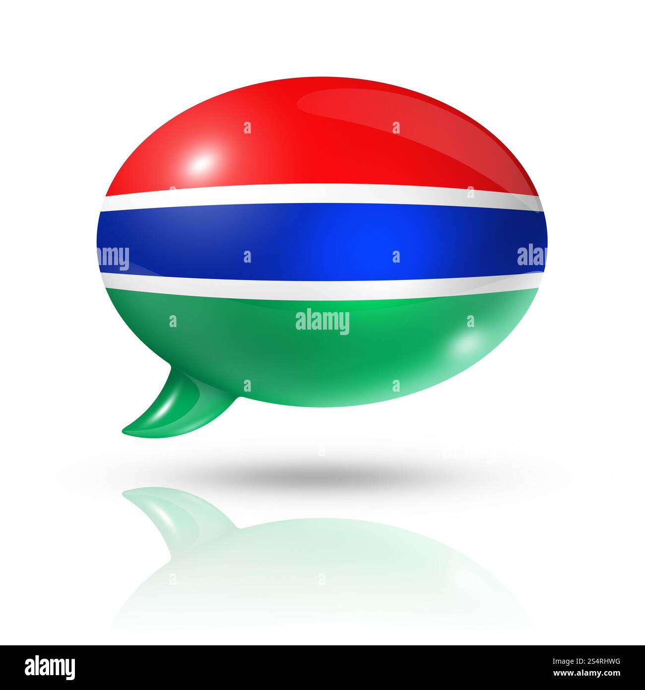 Dreidimensionale Gambia-Flagge in einer Sprechblase isoliert auf weiß mit Beschneidungspfad. Sprechblase der gambischen Flagge Stockfoto