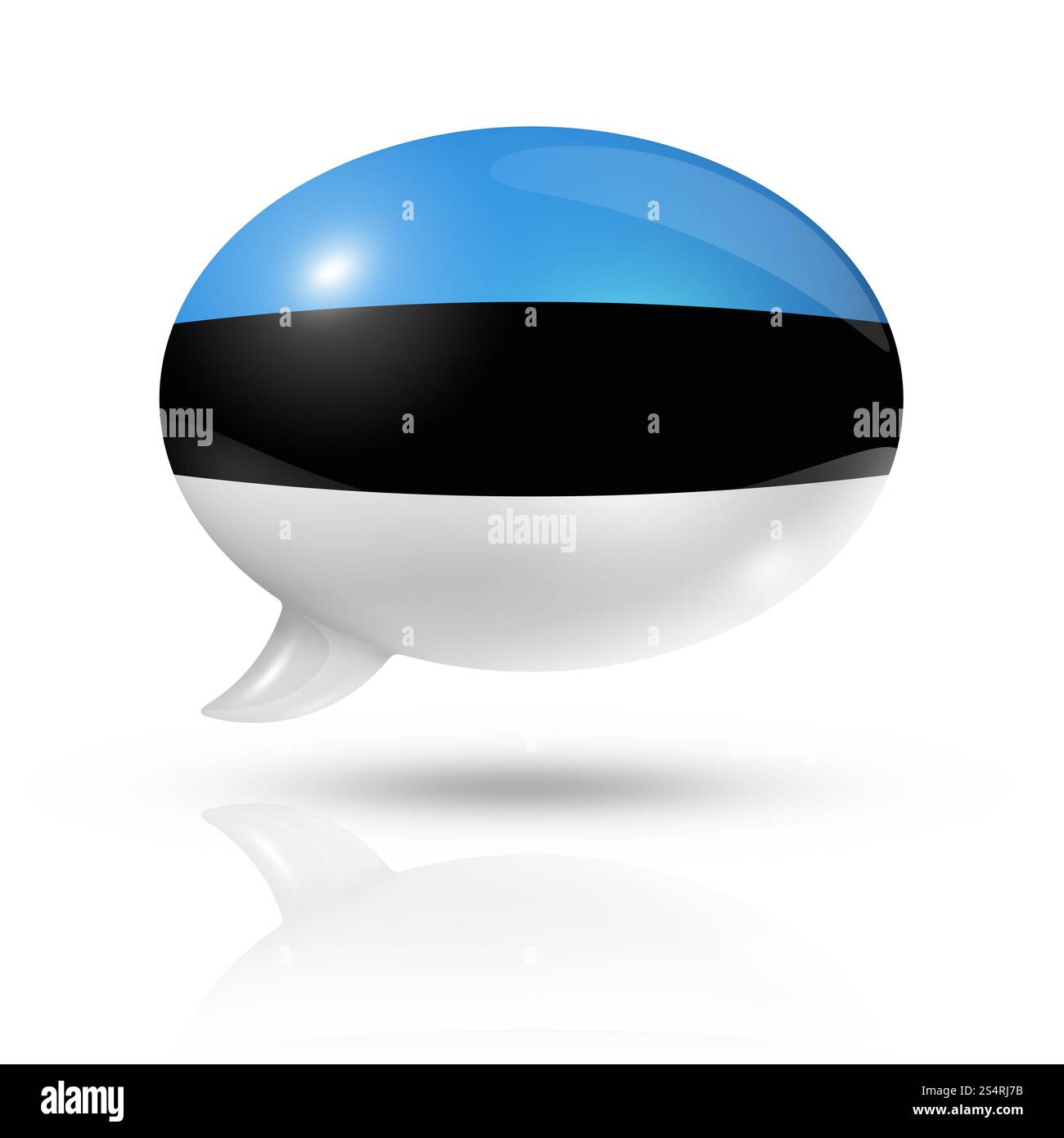 Dreidimensionale Estnische Flagge in einer Sprechblase isoliert auf weiß mit Beschneidungspfad. Sprechblase der estnischen Flagge Stockfoto