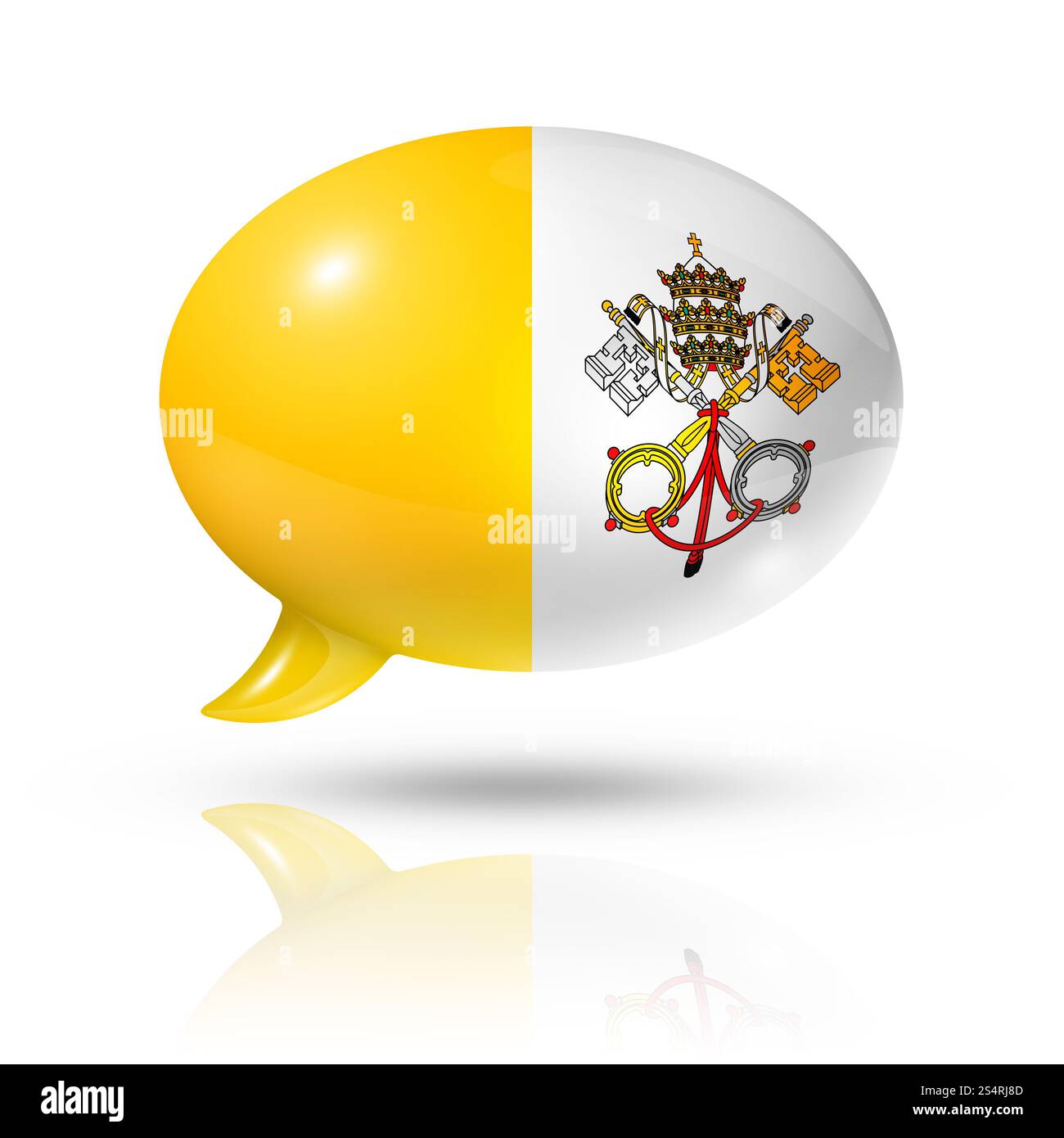 Dreidimensionale Vatikanstadt-Flagge in einer Sprechblase isoliert auf weiß mit Beschneidungspfad. Sprechblase der Flagge Vatikanstadt Stockfoto