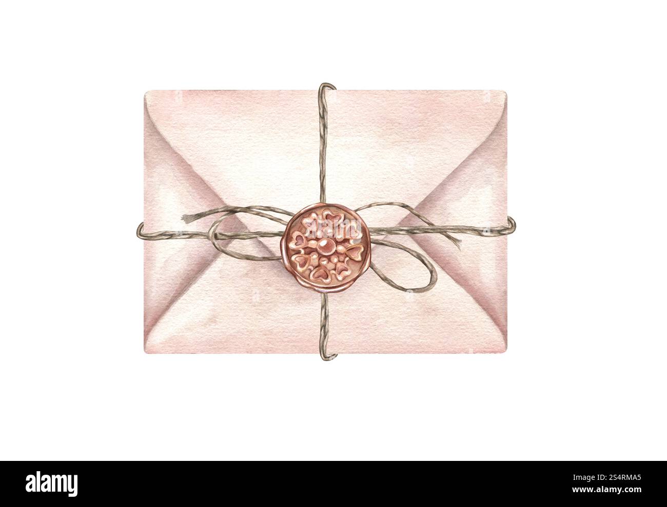 Rosafarbener geschlossener Briefumschlag mit Jute gebunden und versiegelt mit brauner runder Figur Wachs Aquarellillustration isolierter Hintergrund. Vintage Letter bereit Stockfoto
