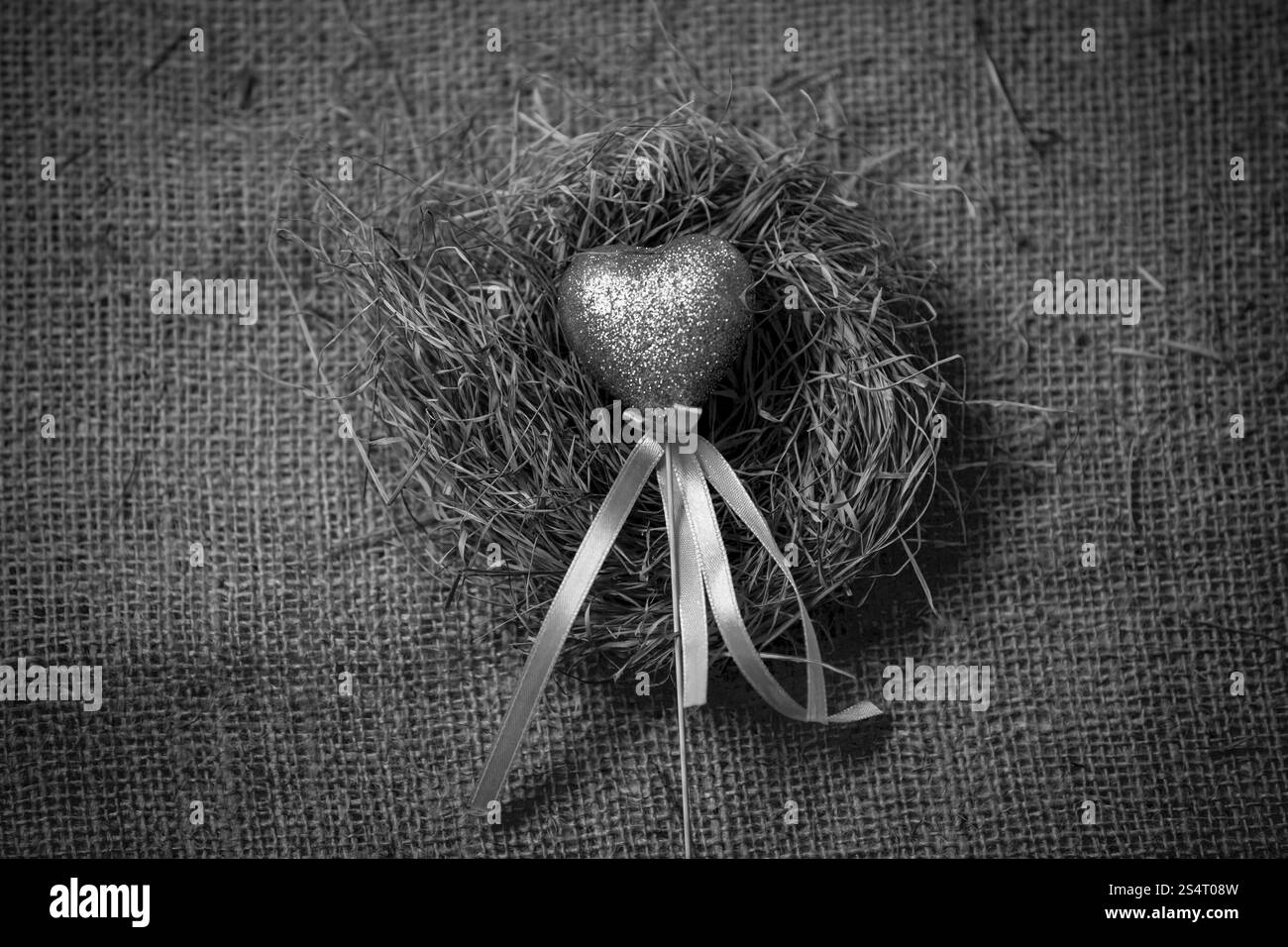 Schwarz / weiß Foto von dekorativen Herzen liegen im Vogelnest Stockfoto
