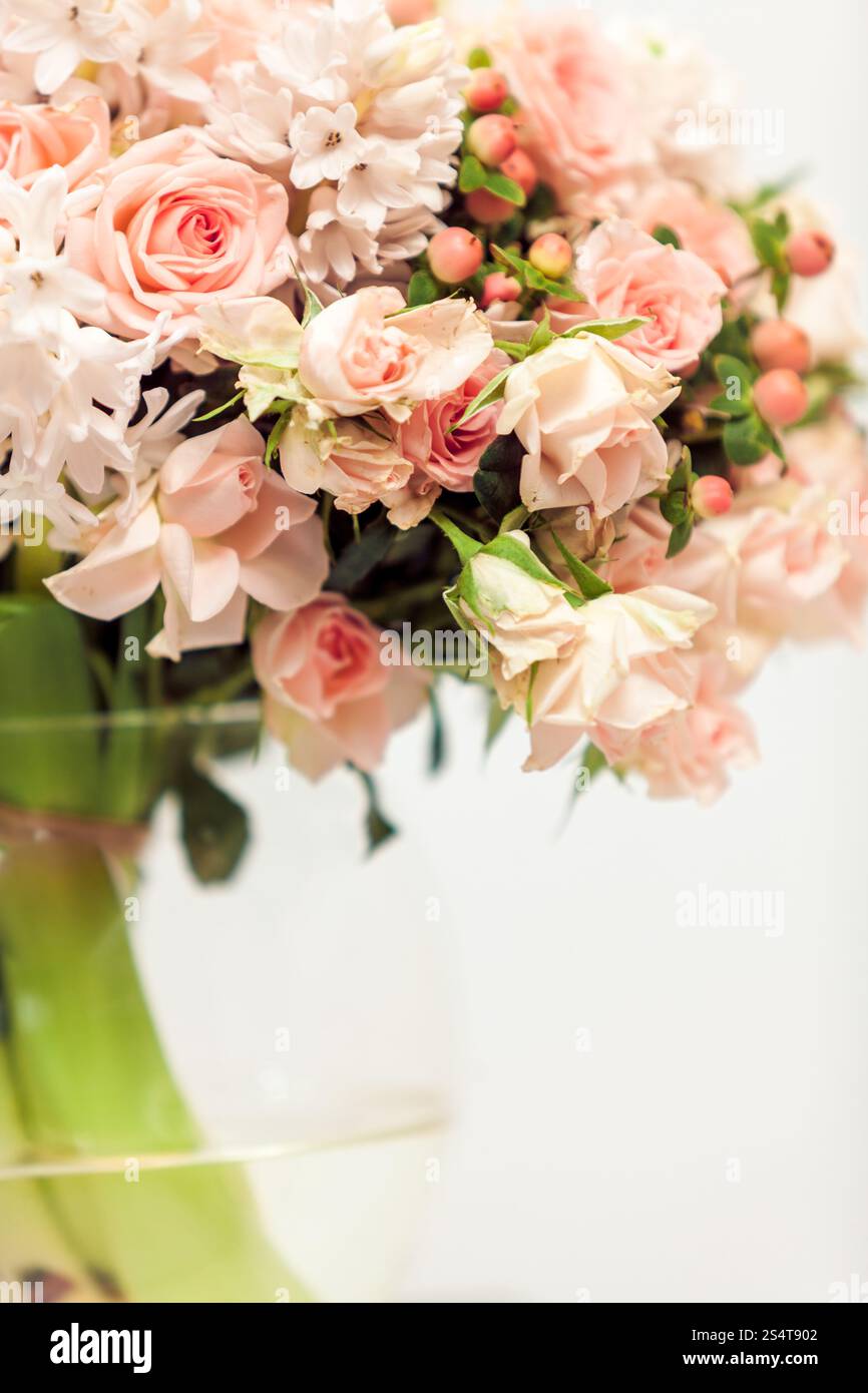 Nahaufnahme Foto Pastell rosa Blüten vor weißem Hintergrund Stockfoto