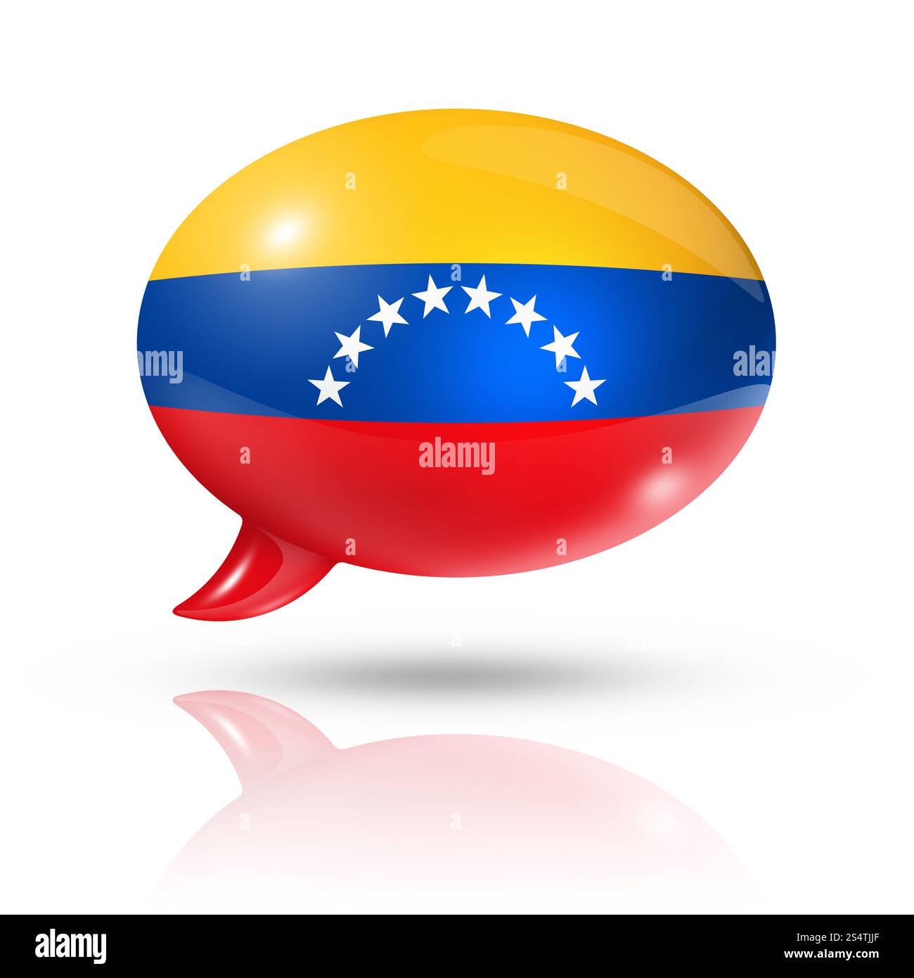 Dreidimensionale venezolanische Flagge in einer Sprechblase isoliert auf weiß mit Beschneidungspfad. Sprechblase der venezolanischen Flagge Stockfoto