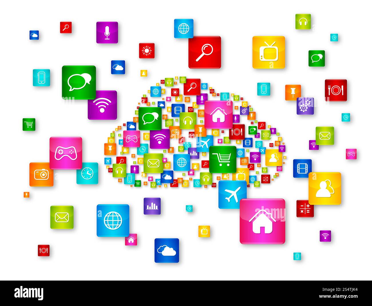 Cloud-Computing-Konzept. Apps-Symbole sind isoliert auf weiß gesetzt. Cloud-Computing-Konzept Stockfoto