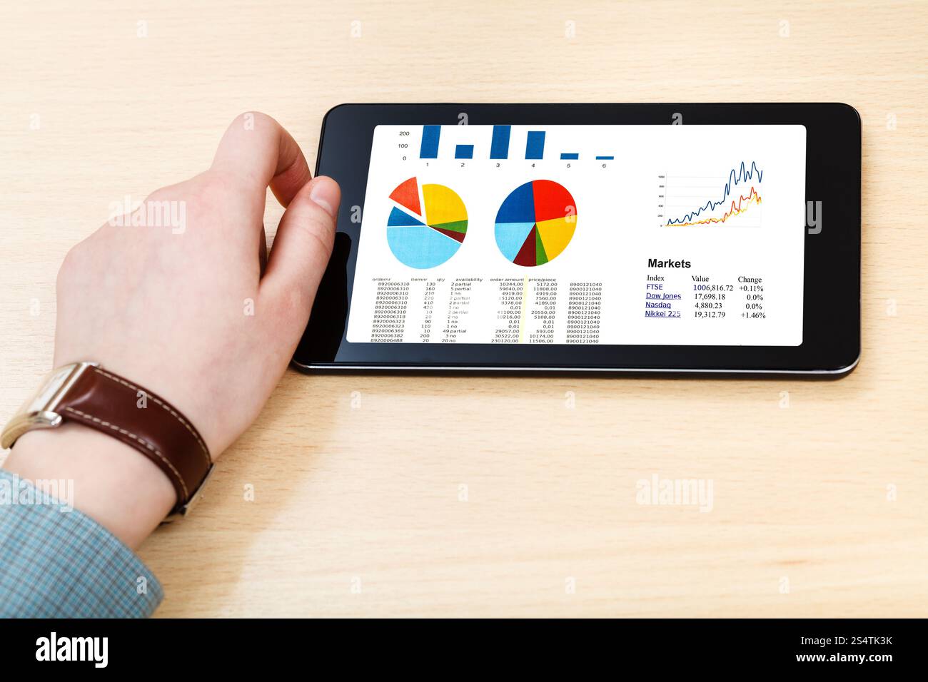 Geschäftsmann Hand halten Tablet-PC mit Business Analytics auf dem Bildschirm am Bürotisch Stockfoto